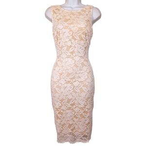 CEFIAN V Open Back White Floral Lace Nude Lining Bodycon Sleeveless Dress Large